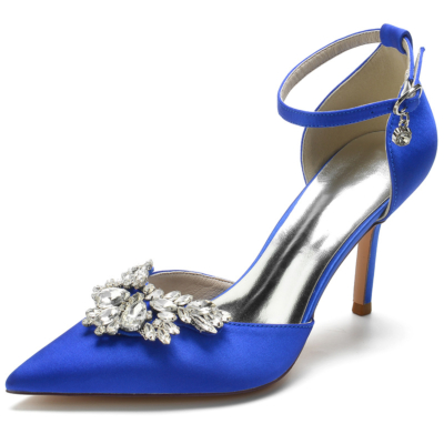 Royal Blue Satin Pointed Toe Ankle Strap Rhinestone Stiletto Heel Wedding Pumps  
