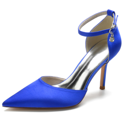 Royal Blue Satin Pointed Toe Ankle Strap  Stiletto Heel Wedding Pumps
