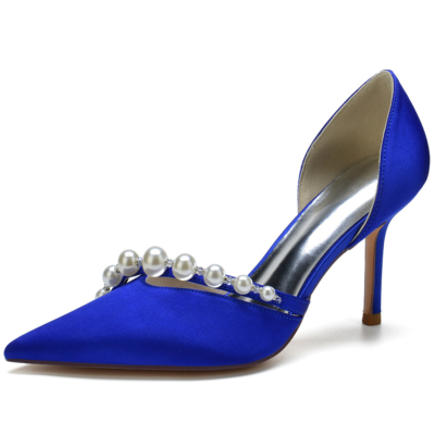 Royal Blue Satin Pointed Toe Pearl Stiletto Heel Wedding Pumps