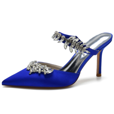 Royal Blue Satin Wedding Shoes Pointed Toe Stiletto Heel Rhinestone Mules 