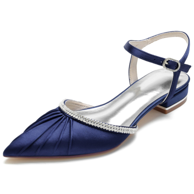 Navy Ruffle Pointed Toe D'orsay Flats Satin Jewelled Flat Shoes