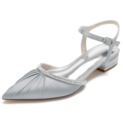 Silver Ruffle Pointed Toe D'orsay Flats Satin Jewelled Flat Shoes