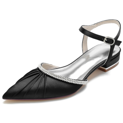 Black Ruffle Pointed Toe D'orsay Flats Satin Jewelled Flat Shoes