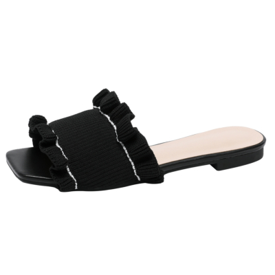Black Ruffle Slide Flat Sandals Summer Comfy Slipper Sandals for Women