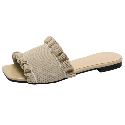 Beige Ruffle Slide Flat Sandals Summer Comfy Slipper Sandals for Women