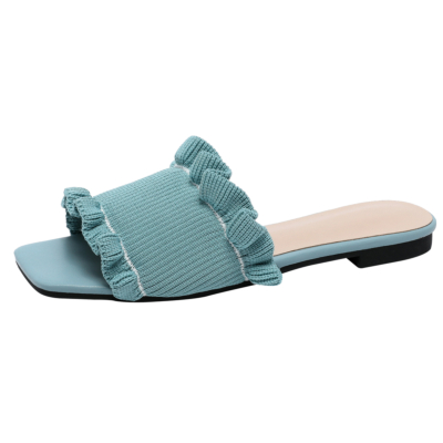 Blue Ruffle Slide Flat Sandals Summer Comfy Slipper Sandals for Women