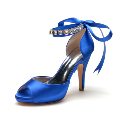 Sapphire Blue  Peep Toe Bow Wedding Shoes Ankle Strap  Stiletto Heel Platform Sandals