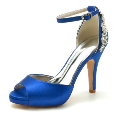 Sapphire Blue Satin Peep Toe Wedding Shoes Ankle Strap  Stiletto Heel Platform Sandals