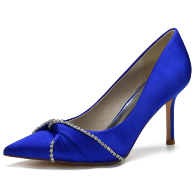 Sapphire Blue Satin Wedding Shoes Pointed Toe Stiletto Heel Pumps with Bow