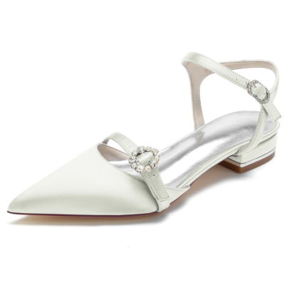 Ivory Satin Ankle Strap Flats Closed Toe Backless Strappy Flat Shoes