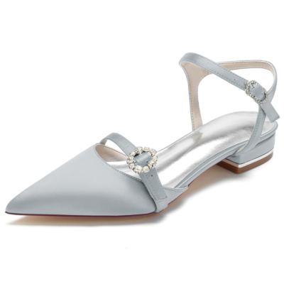 Grey Satin Ankle Strap Flats Closed Toe Backless Strappy Flat Shoes