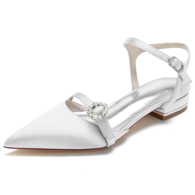 White Satin Ankle Strap Flats Closed Toe Backless Strappy Flat Shoes