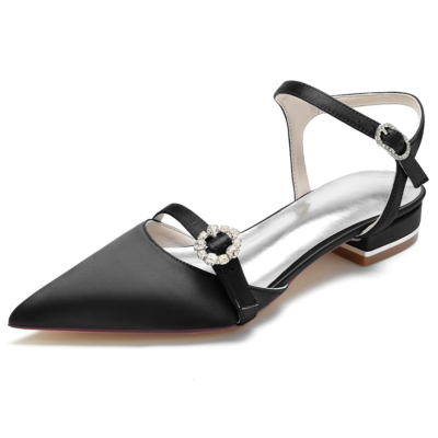 Black Satin Ankle Strap Flats Closed Toe Backless Strappy Flat Shoes