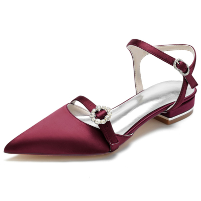 Burgundy Satin Ankle Strap Flats Closed Toe Backless Strappy Flat Shoes