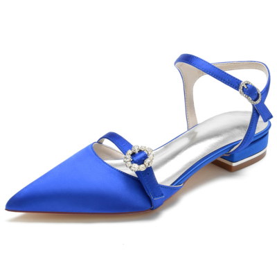 Royal Blue Satin Ankle Strap Flats Closed Toe Backless Strappy Flat Shoes