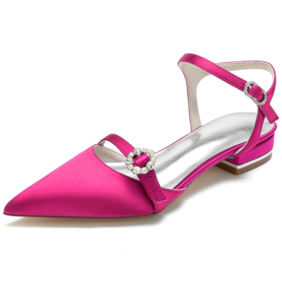 Magenta Satin Ankle Strap Flats Closed Toe Backless Strappy Flat Shoes