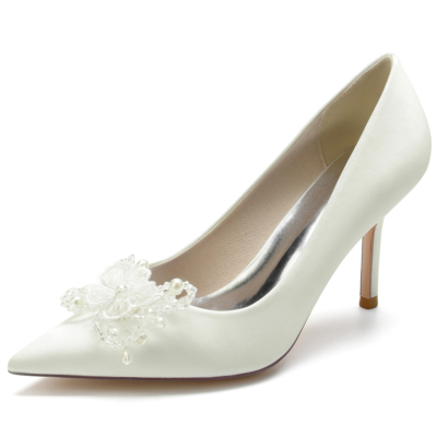 Ivory Satin Beads Flowers Pointed Toe Stiletto Heel Pumps