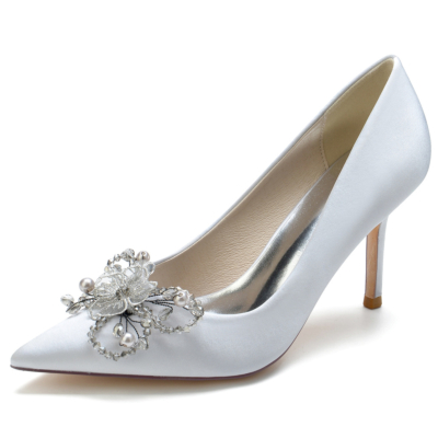 Silver Satin Beads Flowers Pointed Toe Stiletto Heel Pumps