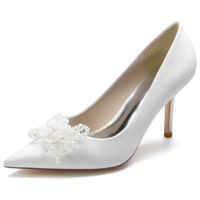 White Satin Beads Flowers Pointed Toe Stiletto Heel Pumps