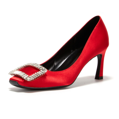 Red Satin Block Heel Wedding Shoes Square Toe Pumps with Crystal Buckle