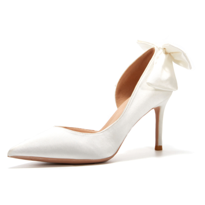 White Satin Bow Back Pumps D'orsay Stiletto Heels Bridal Shoes For Wedding