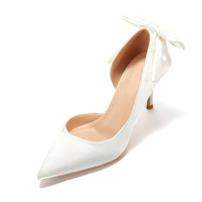 Satin Bow Back Pumps D'orsay Stiletto Heels Bridal Shoes For Wedding