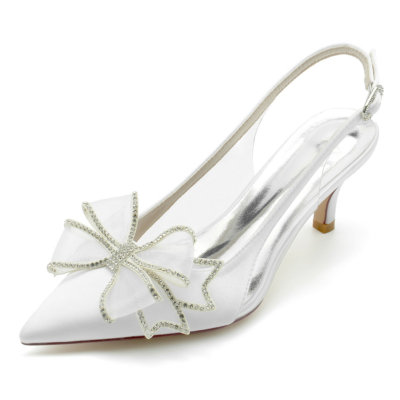 White Satin Bow Slingbacks Kitten Heels Clear Pointed Toe Pumps
