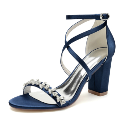 Dark Blue Satin Criss Cross Strap Jeweled Sandals Chunky Heels Wedding Shoes