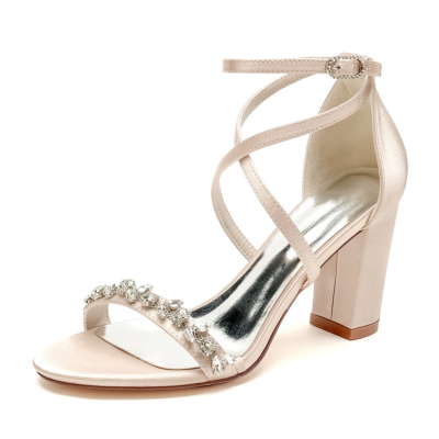 Champagne Satin Criss Cross Strap Jeweled Sandals Chunky Heels Wedding Shoes
