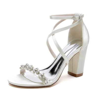 Beige Satin Criss Cross Strap Jeweled Sandals Chunky Heels Wedding Shoes