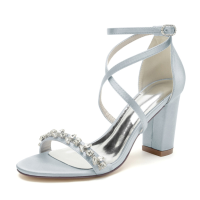 Grey Satin Criss Cross Strap Jeweled Sandals Chunky Heels Wedding Shoes