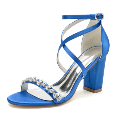Royal Blue Satin Criss Cross Strap Jeweled Sandals Chunky Heels Wedding Shoes