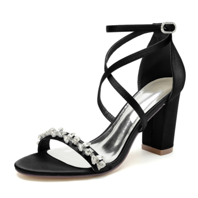 Black Satin Criss Cross Strap Jeweled Sandals Chunky Heels Wedding Shoes