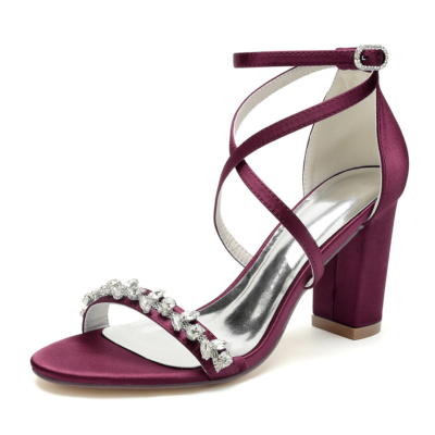 Burgundy Satin Criss Cross Strap Jeweled Sandals Chunky Heels Wedding Shoes