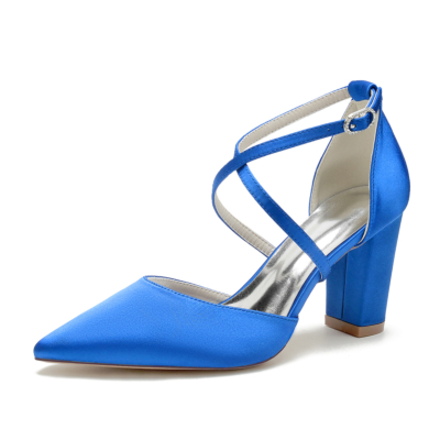 Royal Blue Satin Cross Strap Chunky Heel Classics Wedding Shoes