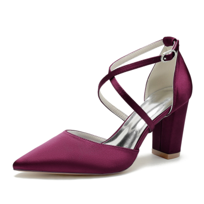 Burgundy Satin Cross Strap Chunky Heel Classics Wedding Shoes