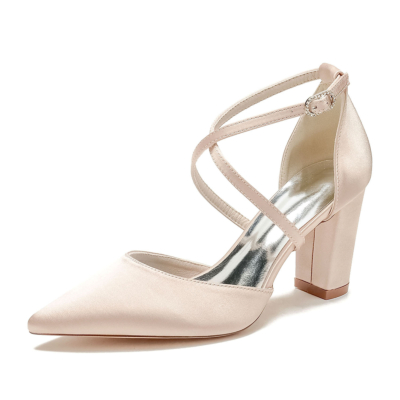 Champange Satin Cross Strap Chunky Heel Classics Wedding Shoes