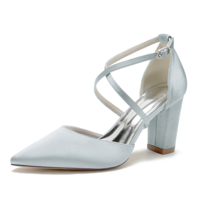 Silver Satin Cross Strap Chunky Heel Classics Wedding Shoes