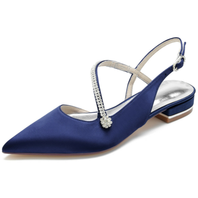 Navy Satin Cross Strap Jewelled Flats Slingbacks Shoes for Dance