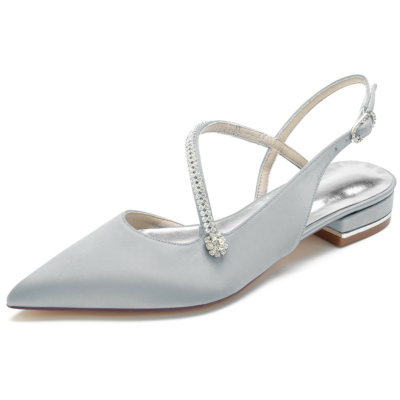 Grey Satin Cross Strap Jewelled Flats Slingbacks Shoes for Dance