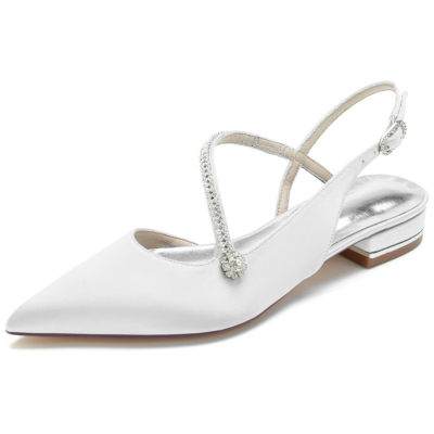White Satin Cross Strap Jewelled Flats Slingbacks Shoes for Dance
