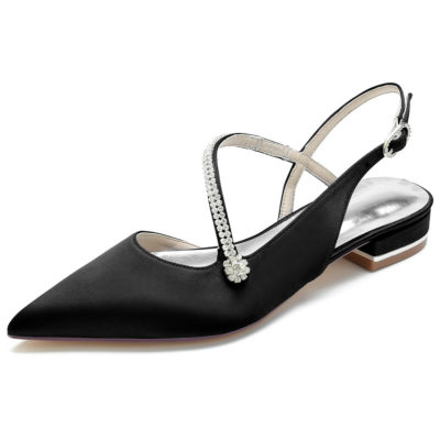 Black Satin Cross Strap Jewelled Flats Slingbacks Shoes for Dance
