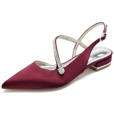 Burgundy Satin Cross Strap Jewelled Flats Slingbacks Shoes for Dance