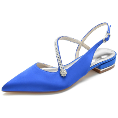 Royal Blue Satin Cross Strap Jewelled Flats Slingbacks Shoes for Dance