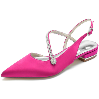 Magenta Satin Cross Strap Jewelled Flats Slingbacks Shoes for Dance