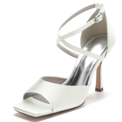 White Satin Cross Strap Stiletto Heel Wedding Sandals