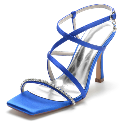 Royal Blue Satin Cross Thin Strap Stiletto Heel Party Sandals