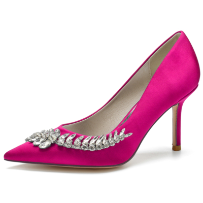 Pink Satin Crystal Flowers Pointed Toe Stiletto Heel Pumps