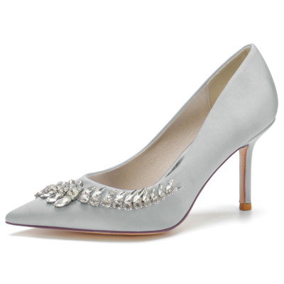 Silver Satin Crystal Flowers Pointed Toe Stiletto Heel Pumps