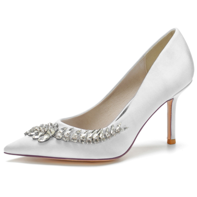 White Satin Crystal Flowers Pointed Toe Stiletto Heel Pumps